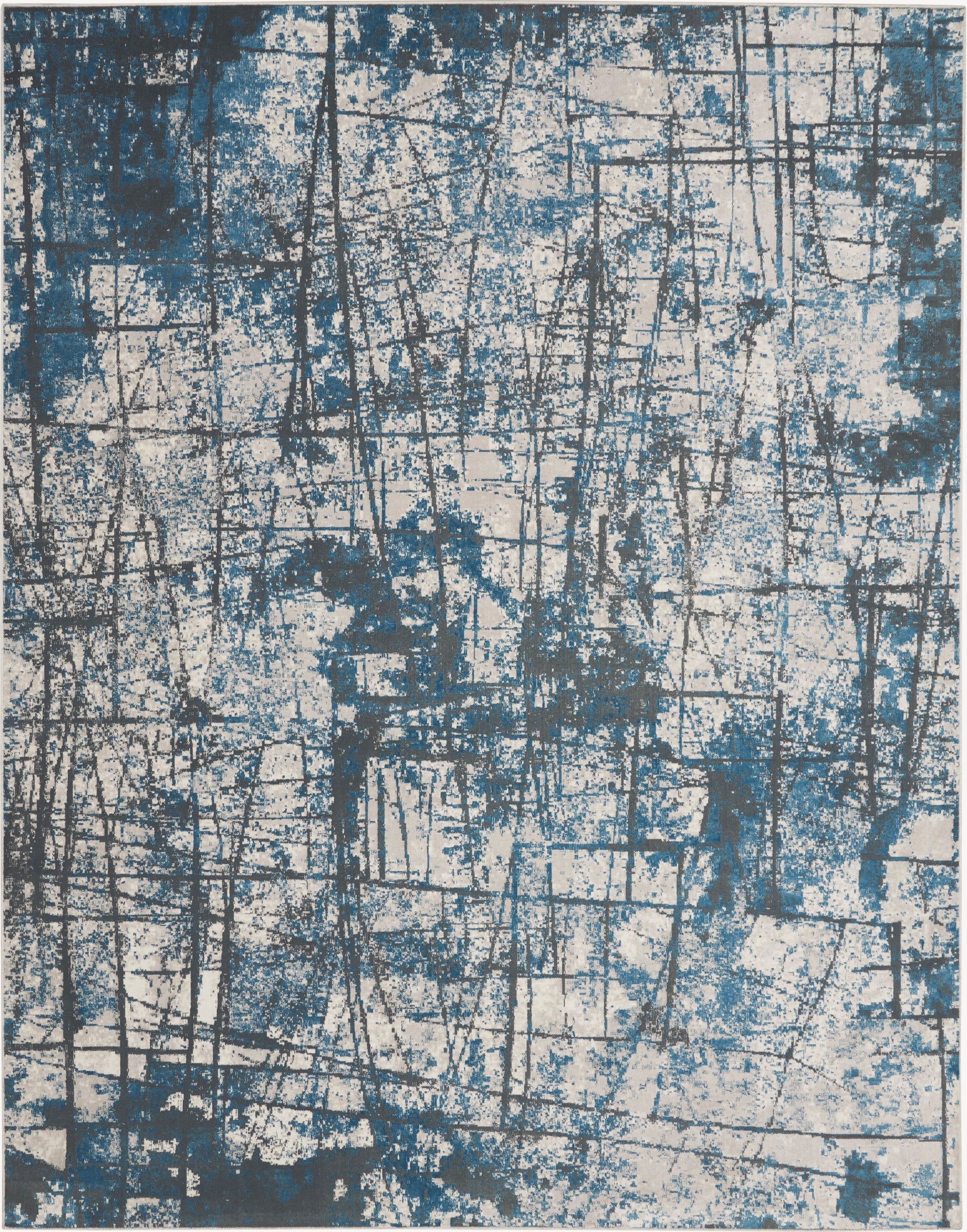 Blue & gray abstract area rug with distressed grid pattern for modern decor.