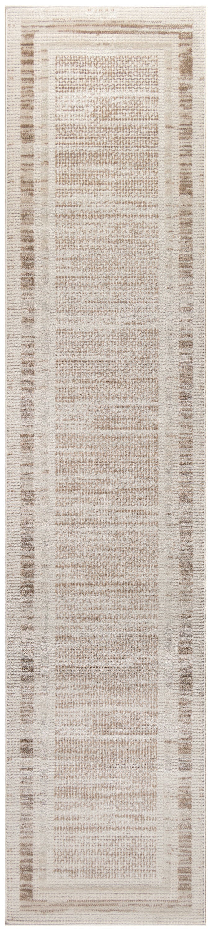 Neutral cream and taupe woven rug runner with layered borders and a textured central panel.