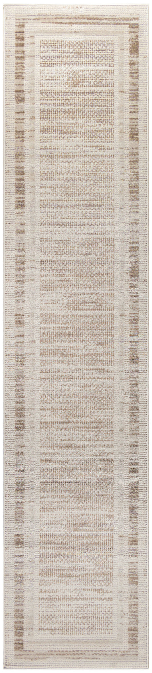 Neutral cream and taupe woven rug runner with layered borders and a textured central panel.