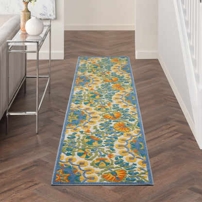 Rectangular floral hallway runner rug in teal, orange, yellow and ivory with a blue border.