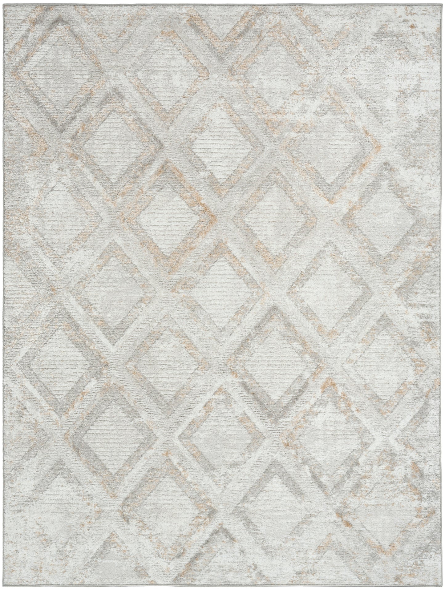 Neutral rectangular rug with a faded beige-gray diamond lattice pattern, soft texture, distressed finish.