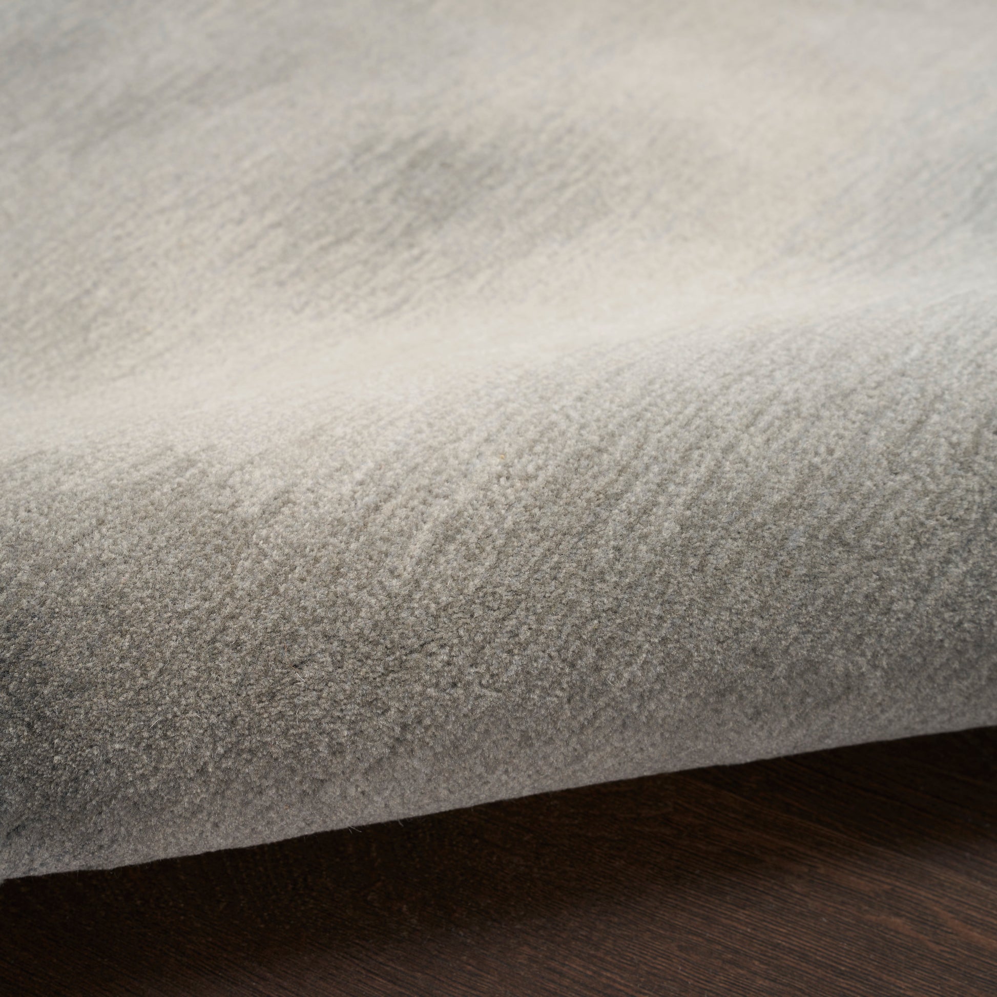 Light gray brushed velvet fabric swatch with soft nap on dark wood surface.