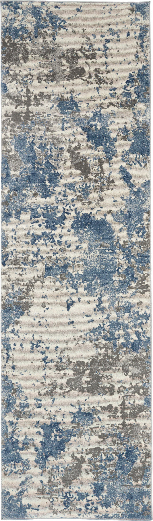 Abstract blue, gray and beige runner rug with irregular blotch pattern; modern distressed style.