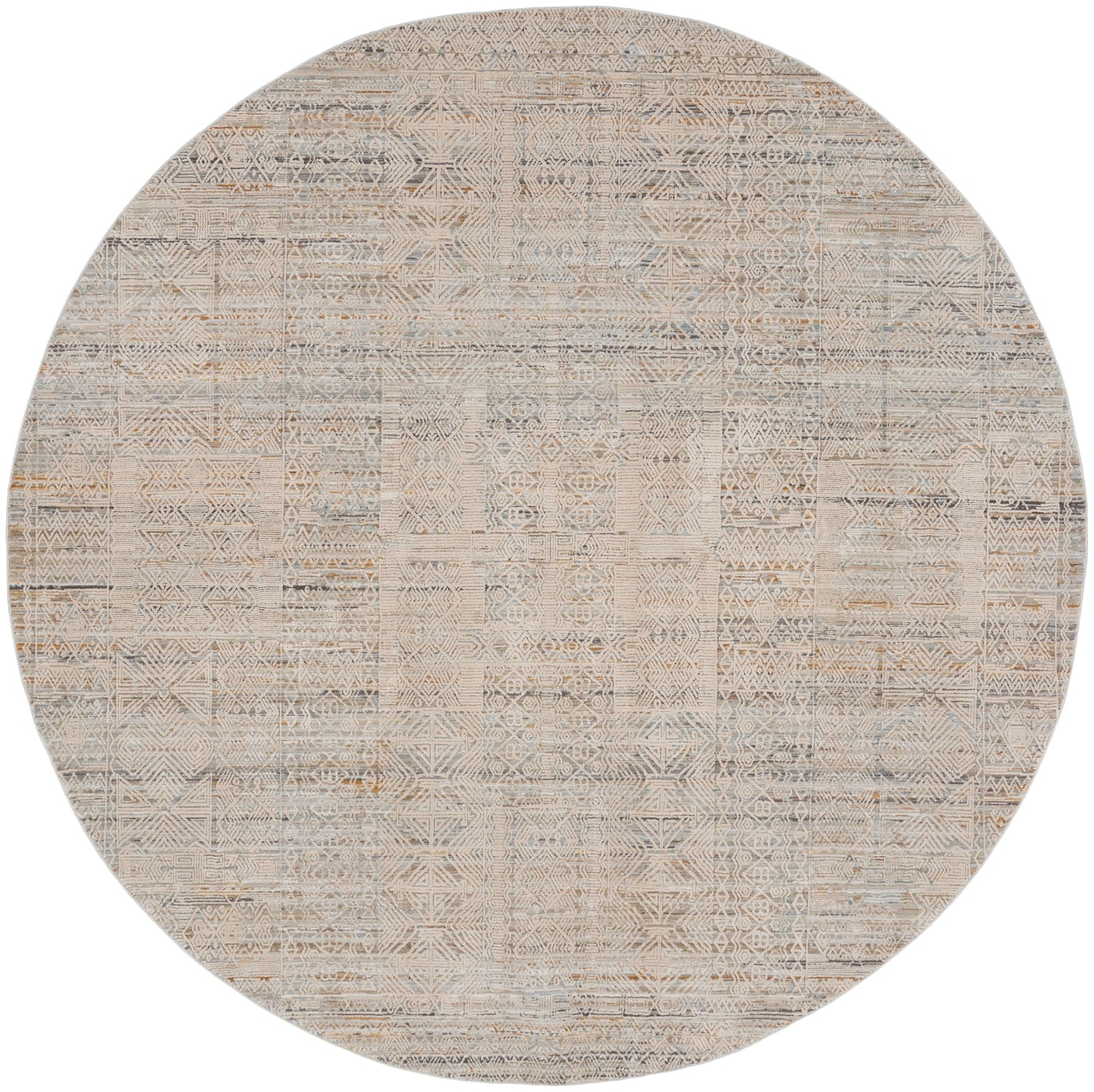 Round neutral-toned rug with geometric patchwork in beige and taupe, boho kilim-inspired pattern.