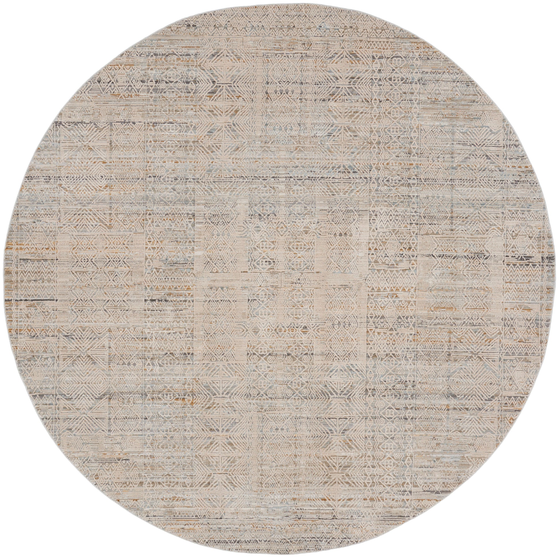 Round neutral-toned rug with geometric patchwork in beige and taupe, boho kilim-inspired pattern.