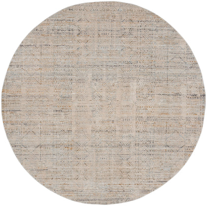 Round neutral-toned rug with geometric patchwork in beige and taupe, boho kilim-inspired pattern.
