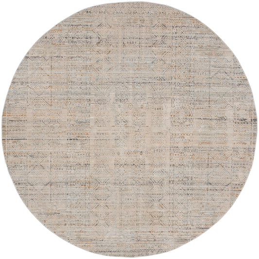 Round neutral-toned rug with geometric patchwork in beige and taupe, boho kilim-inspired pattern.