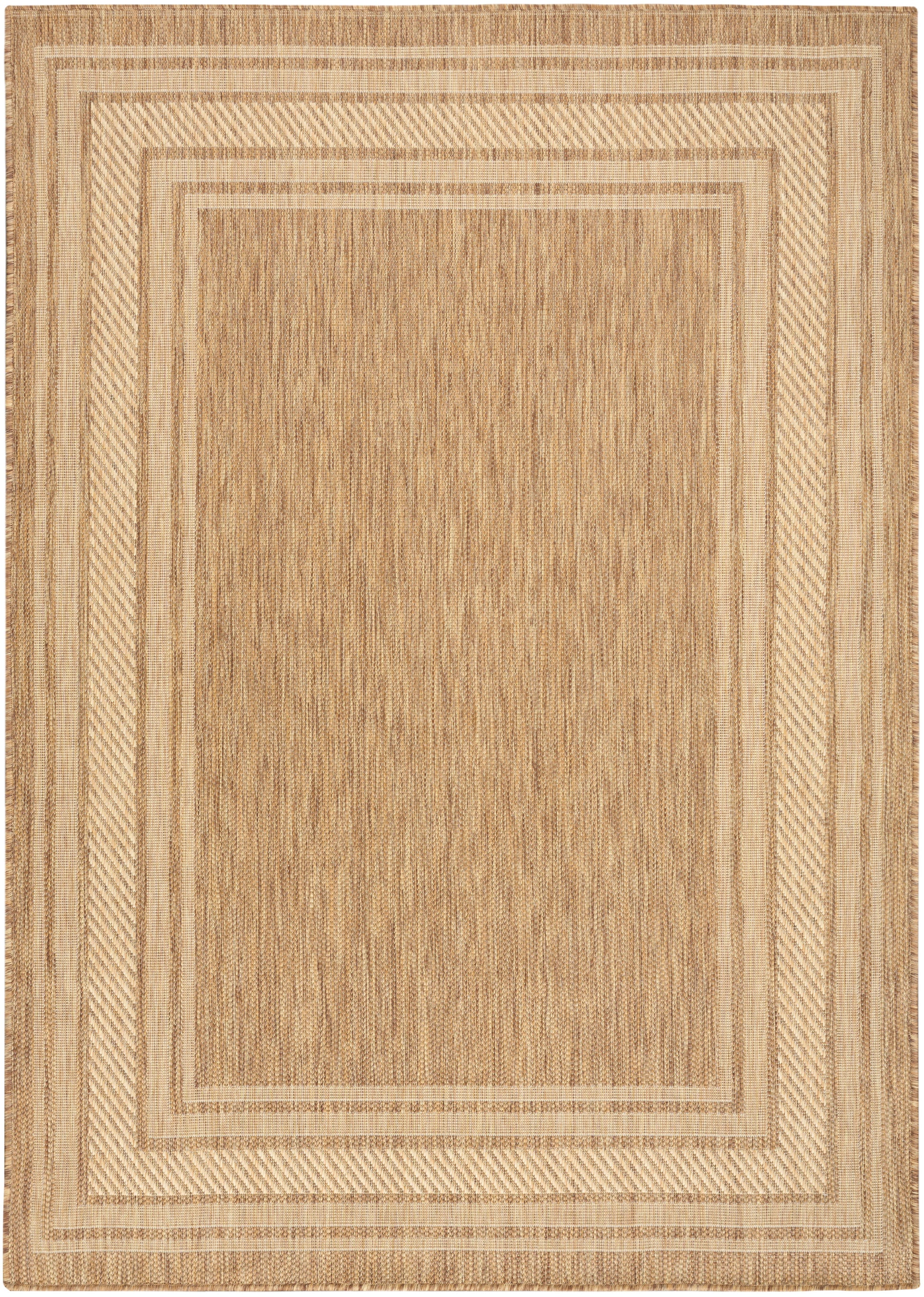Natural beige jute rug with nested rectangular borders in lighter cream tones; warm, textured coastal style.