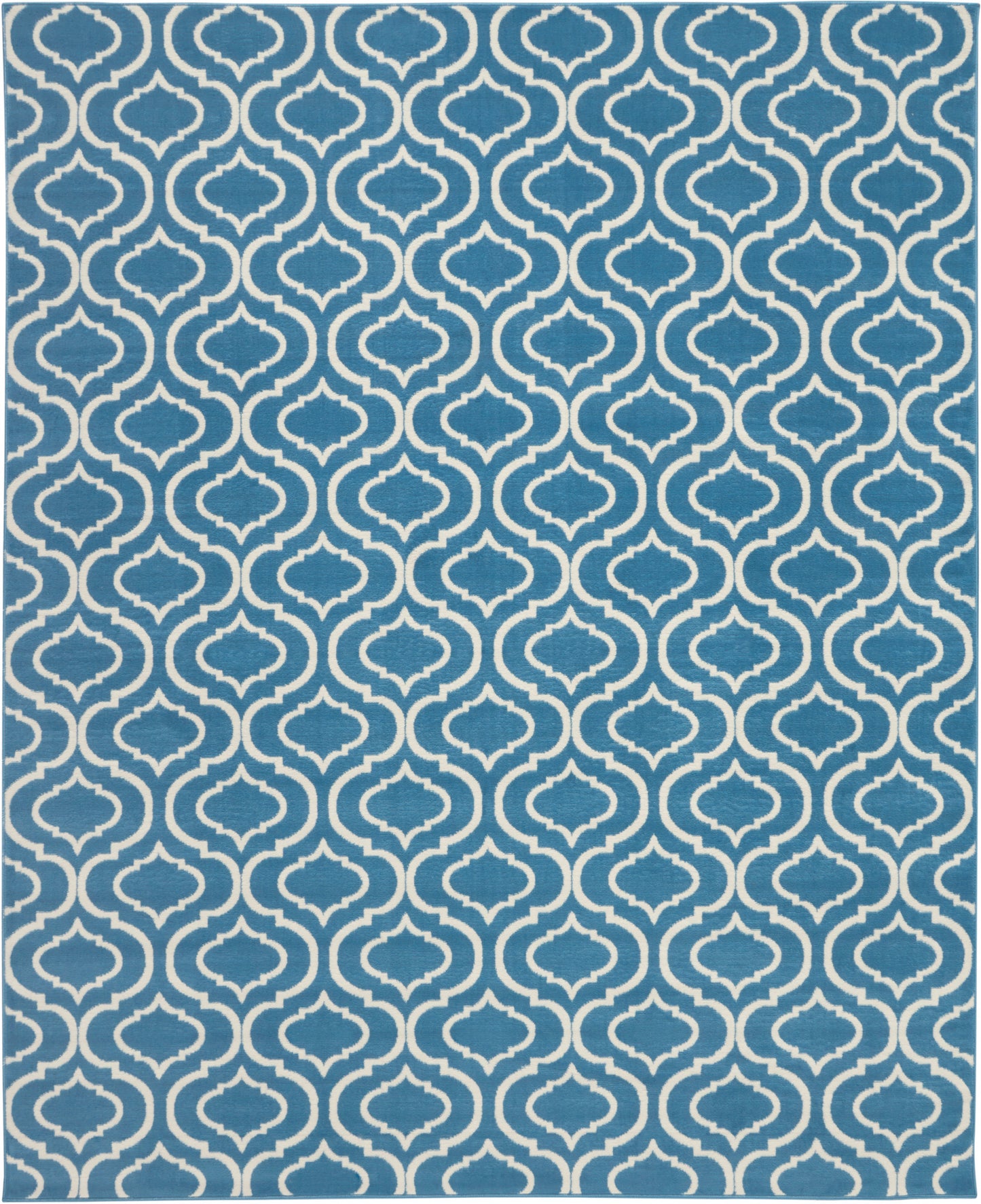 Teal blue rug with white Moroccan trellis pattern; repeating geometric motif for living room décor.