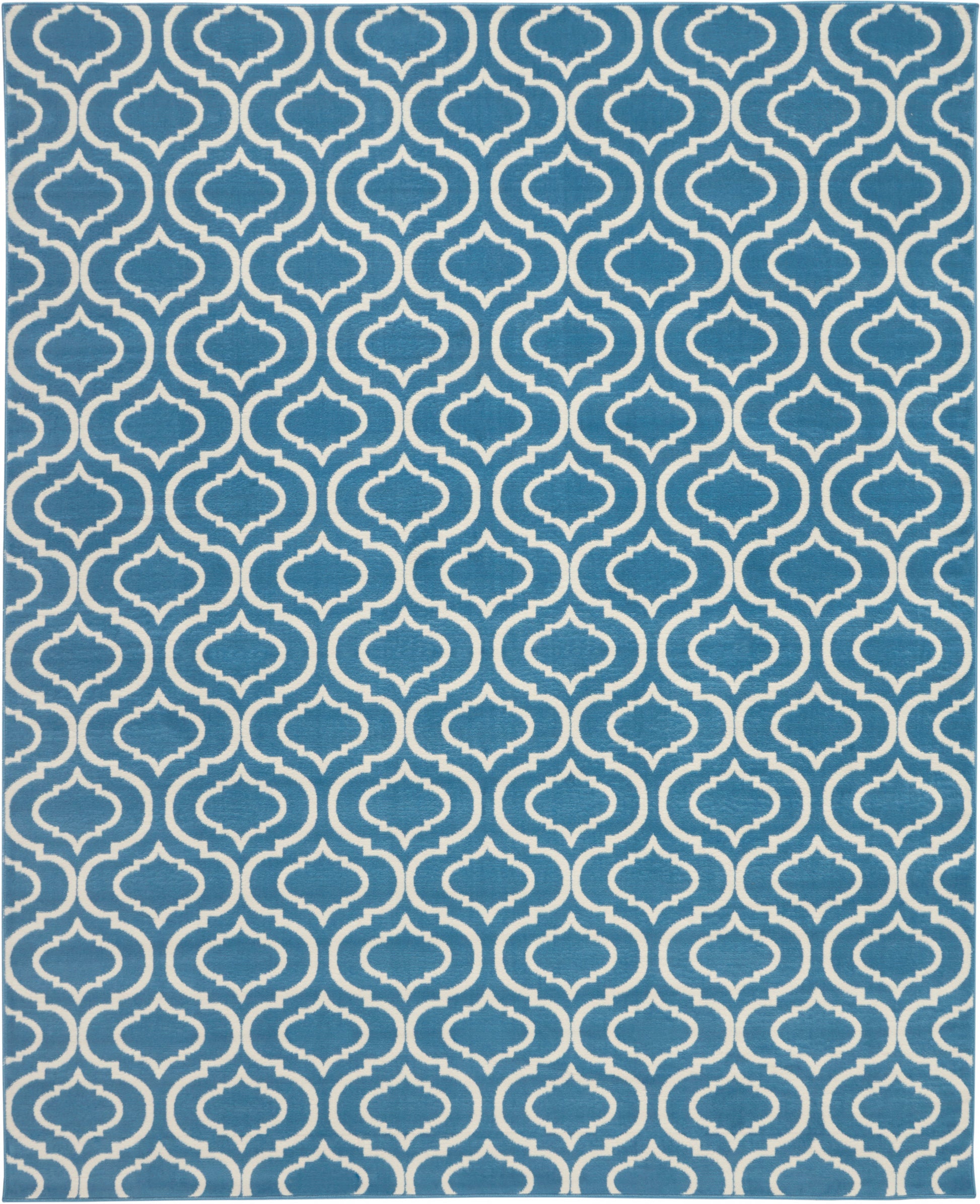 Teal blue rug with white Moroccan trellis pattern; repeating geometric motif for living room décor.