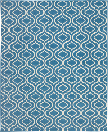 Teal blue rug with white Moroccan trellis pattern; repeating geometric motif for living room décor.
