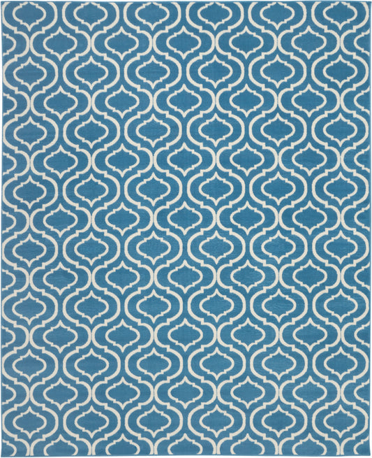 Teal blue rug with white Moroccan trellis pattern; repeating geometric motif for living room décor.