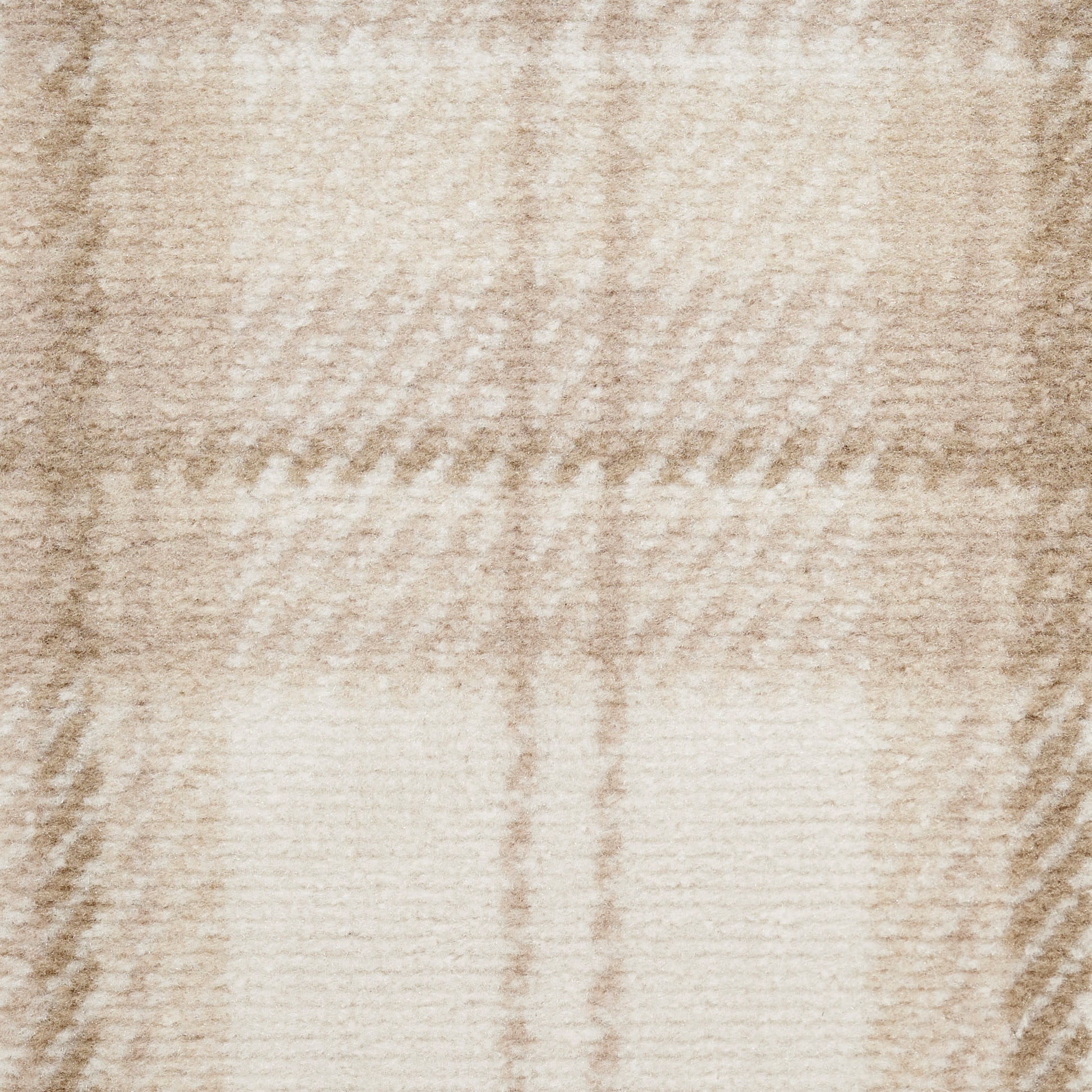 Cozy beige plaid wool rug with cream and tan checks, soft fuzzy texture, 5' x 7'.