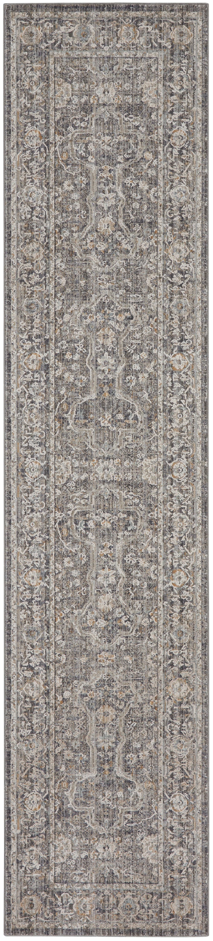 Long narrow runner rug in gray with ivory and beige accents; traditional Persian-style floral medallion and border.