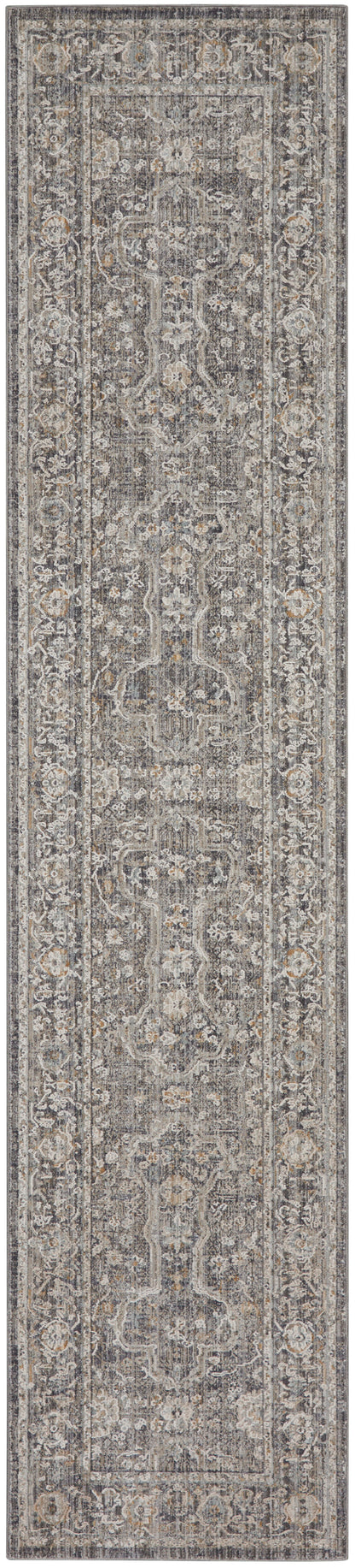 Long narrow runner rug in gray with ivory and beige accents; traditional Persian-style floral medallion and border.
