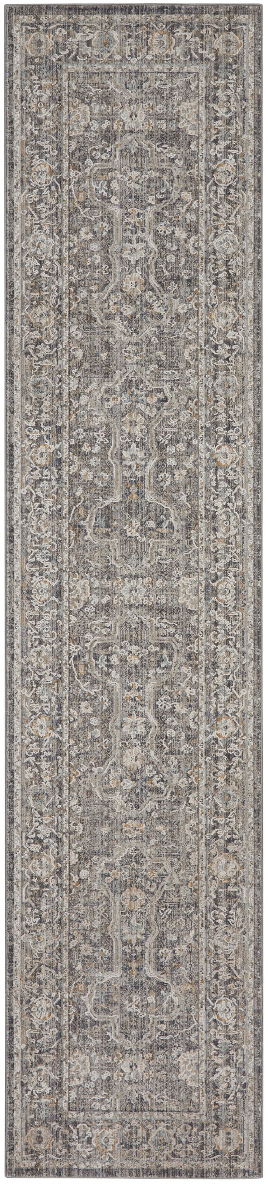 Long narrow runner rug in gray with ivory and beige accents; traditional Persian-style floral medallion and border.
