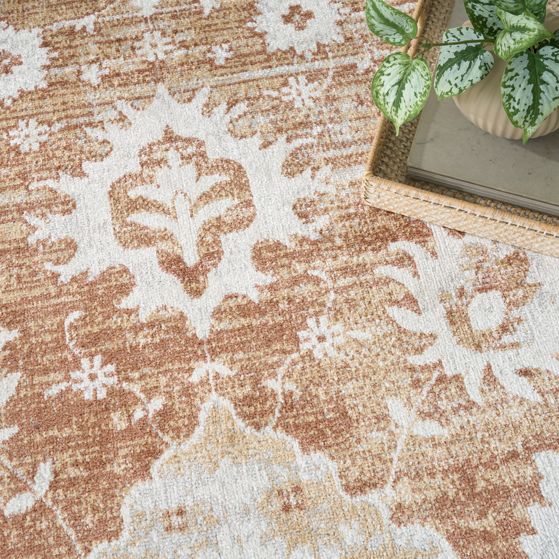 Orange and cream damask-pattern rug; textured weave, corner with a small wicker tray and a potted pothos.