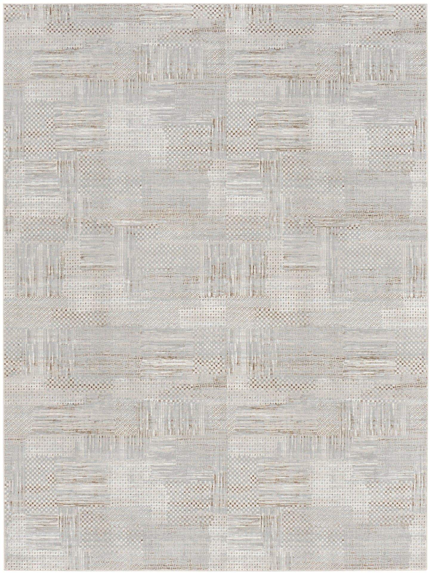 Rectangular neutral area rug in light gray and beige, woven patchwork texture with a modern geometric design.