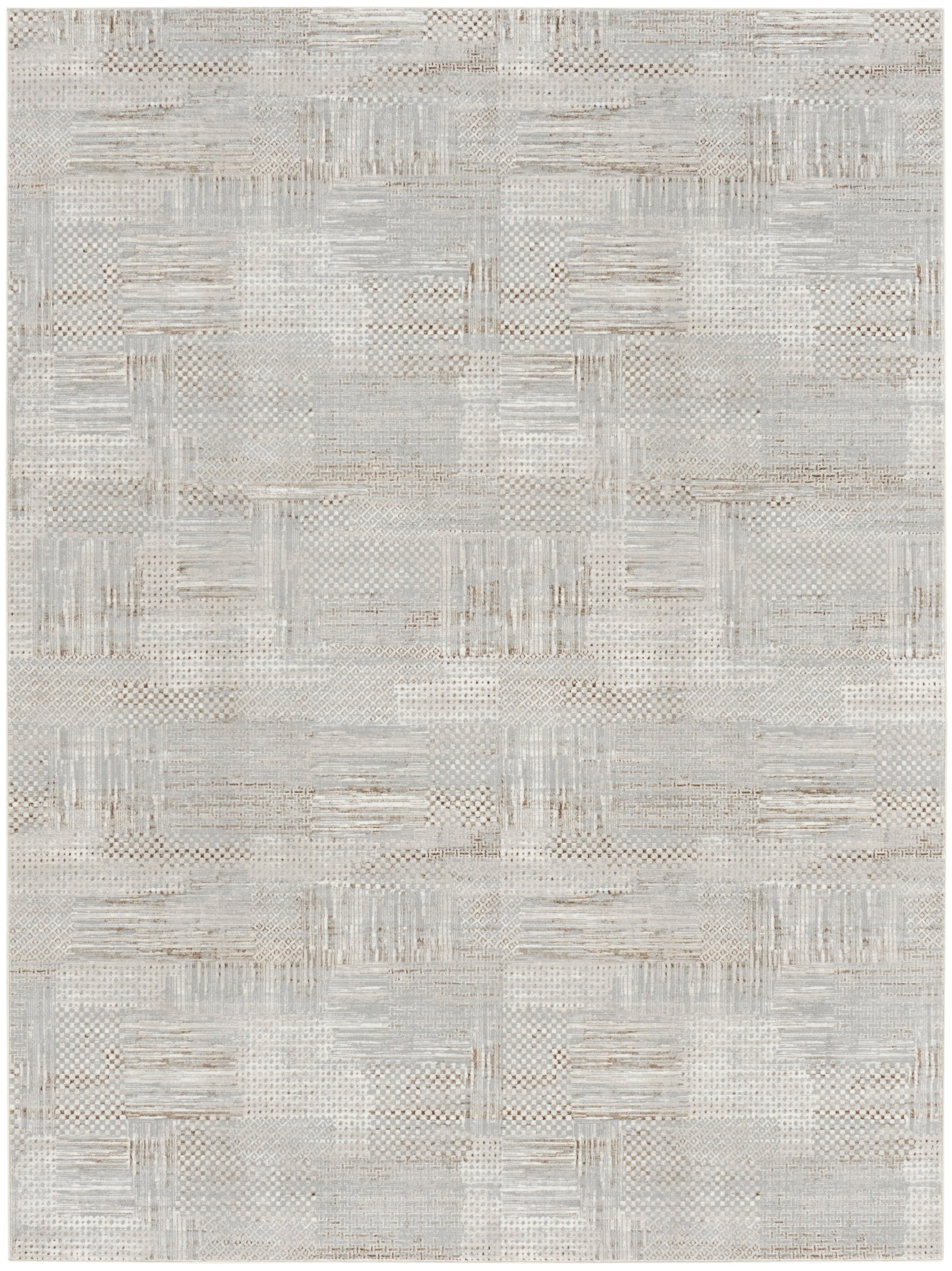 Rectangular neutral area rug in light gray and beige, woven patchwork texture with a modern geometric design.