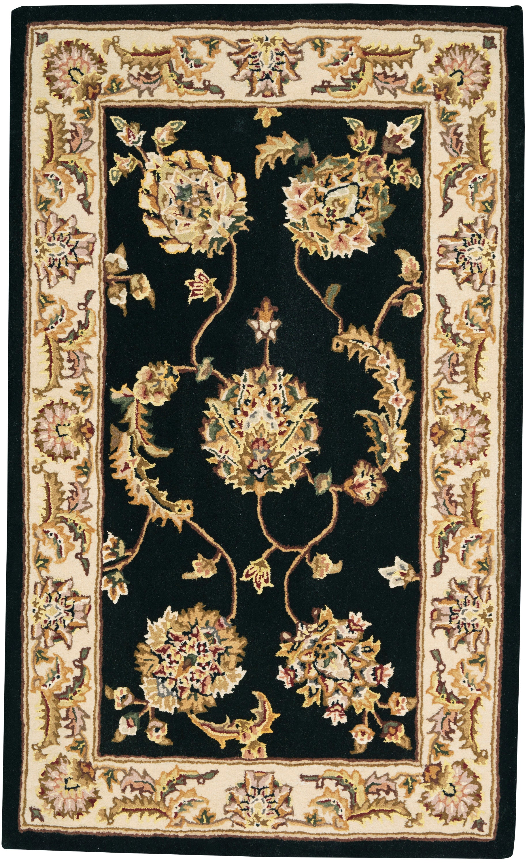 Rectangular Persian-style area rug with black field and ivory-gold floral border, ornate cream-and-gold vines.
