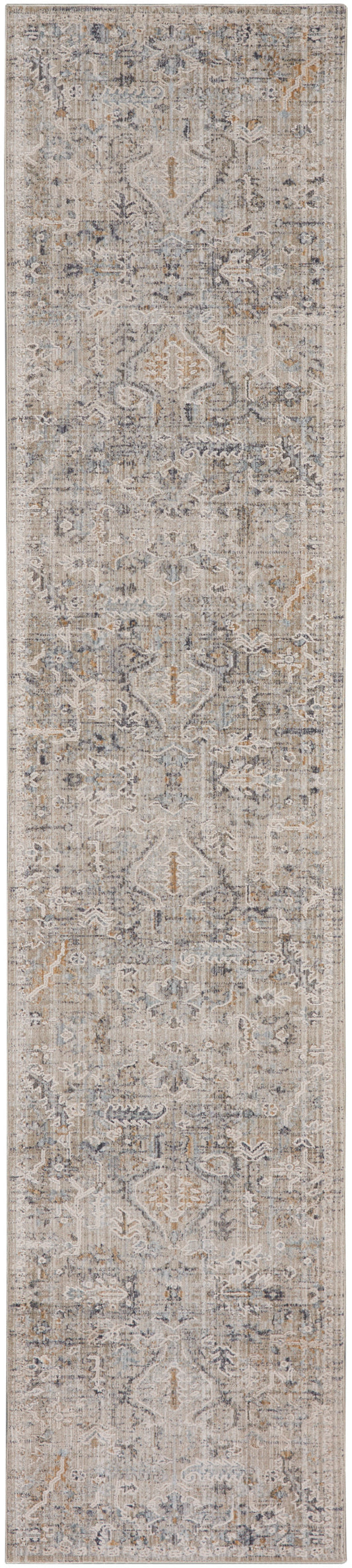 Long rectangular runner rug in muted beige-gray with distressed vintage/oriental pattern and blue accents