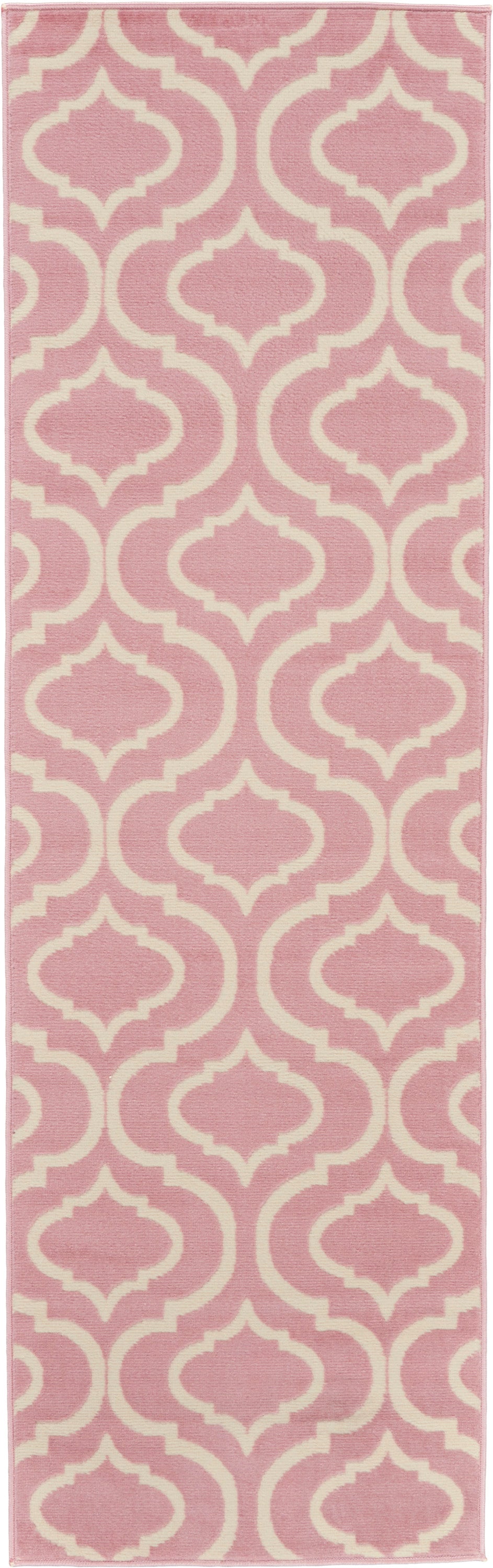 Pink runner rug with cream trellis pattern; soft woven texture, modern Moroccan style for hallways.