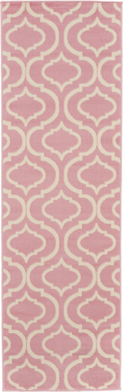 Pink runner rug with cream trellis pattern; soft woven texture, modern Moroccan style for hallways.