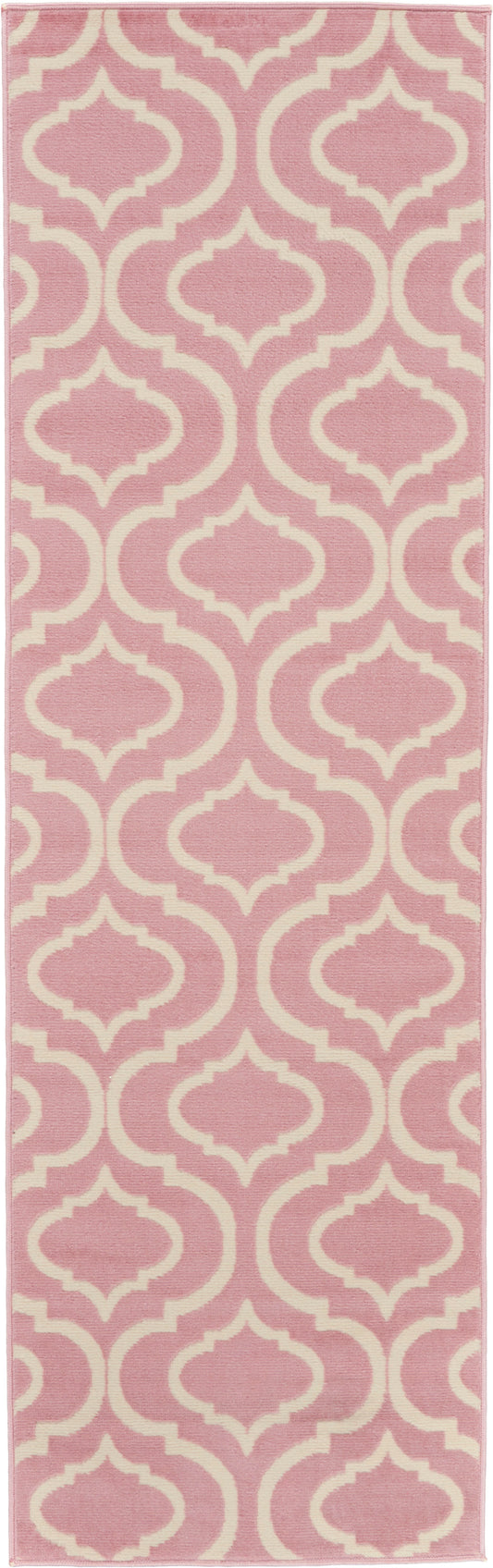 Pink runner rug with cream trellis pattern; soft woven texture, modern Moroccan style for hallways.