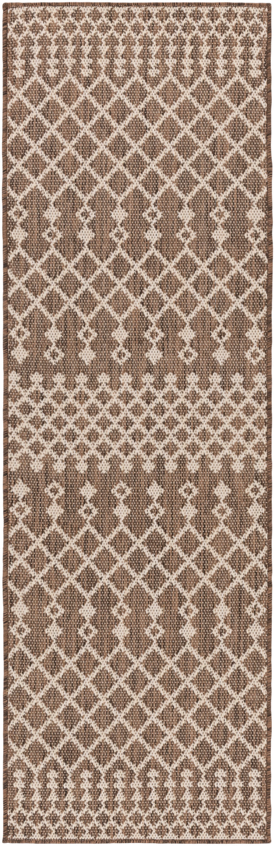 Brown and cream geometric lattice runner rug; woven textured kilim-style pattern.