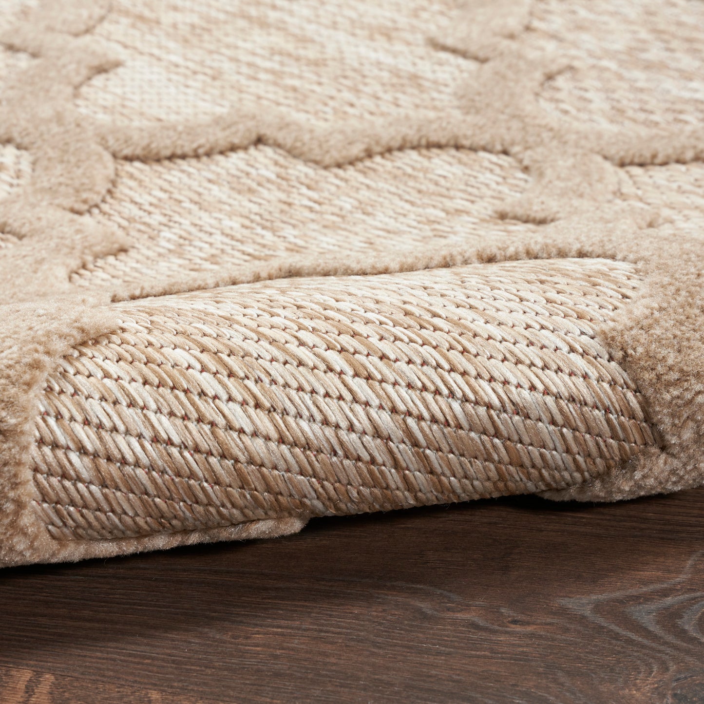 Beige shaggy area rug with plush pile and braided jute backing on dark wood floor.