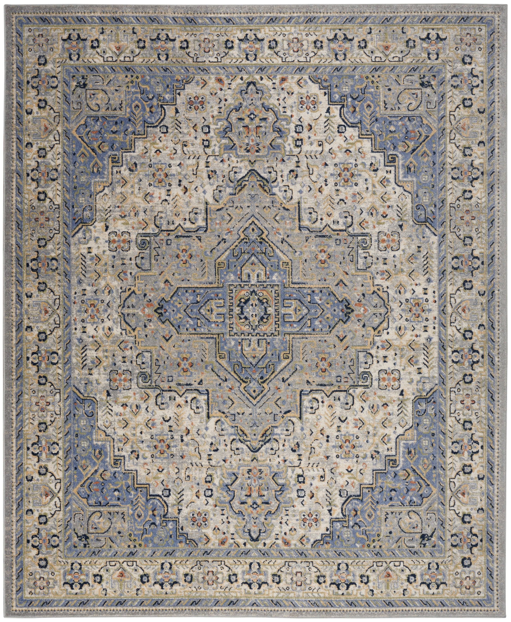 Blue and ivory traditional Persian-style rug with central medallion, stepped corners, and floral motifs.