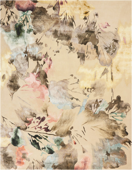Abstract pastel floral rug with beige, cream, pink, green and blue hues; soft, painterly botanical design.