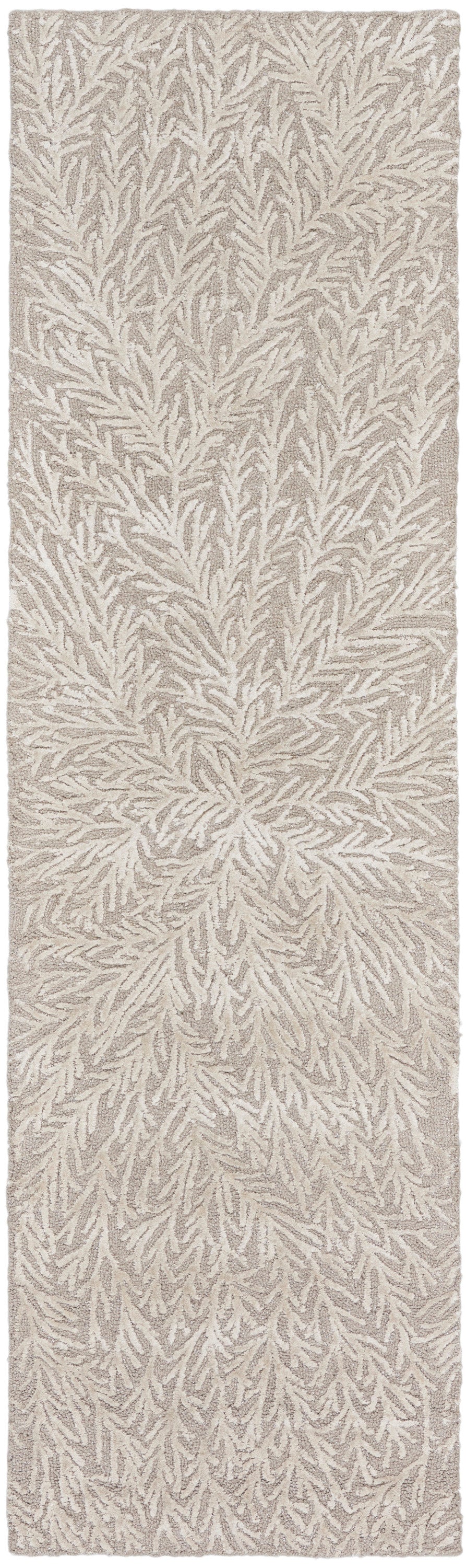Beige textured runner rug with cream feather-like pattern, plush shag finish, ideal for foyer or hallway.