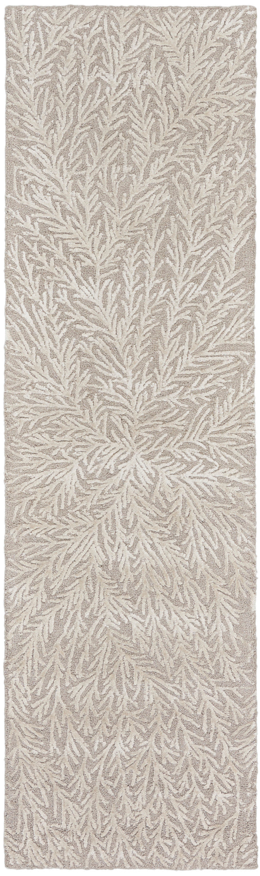 Beige textured runner rug with cream feather-like pattern, plush shag finish, ideal for foyer or hallway.