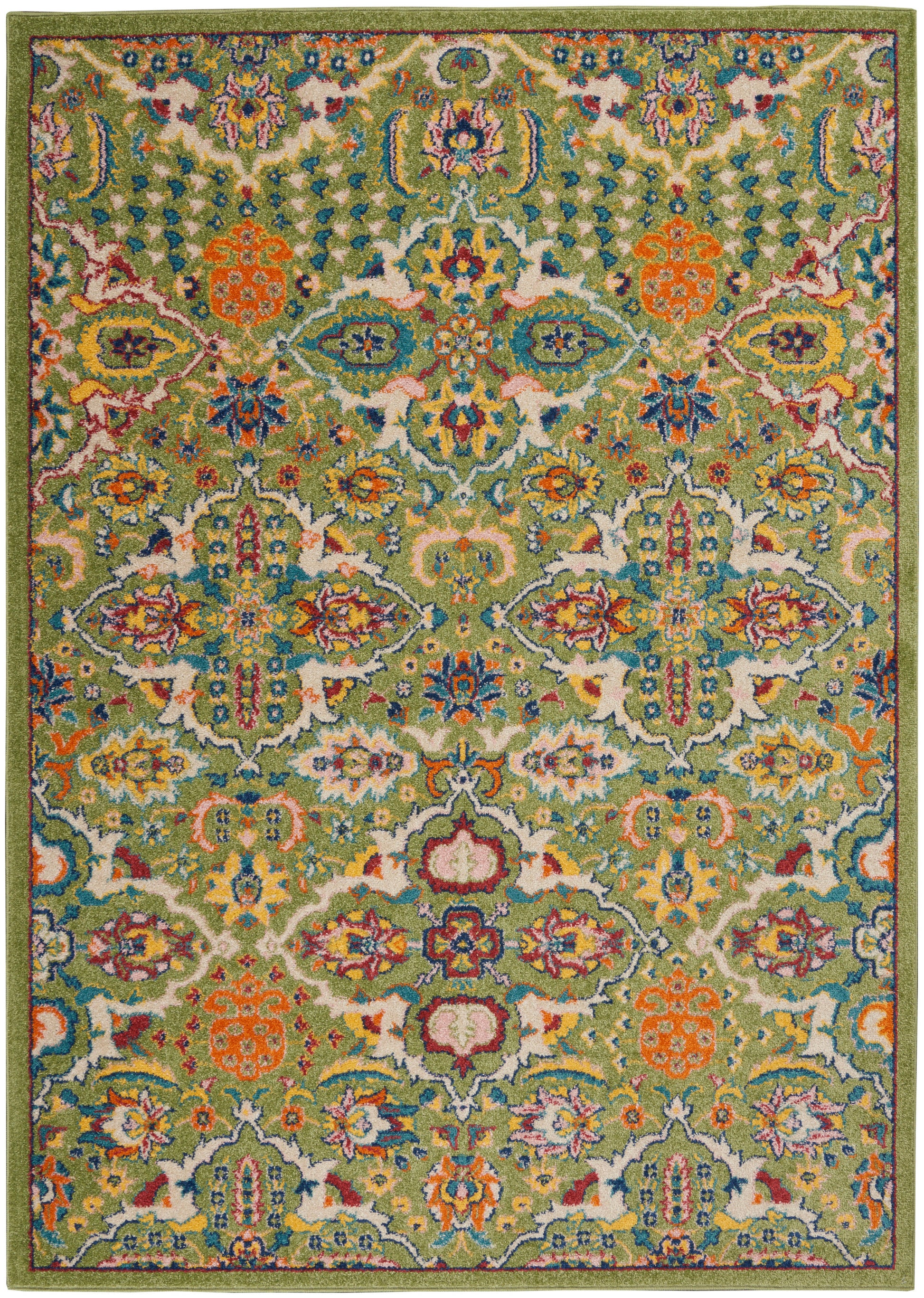 Green Bohemian area rug with a vivid multicolor floral damask pattern in blue, orange, pink and yellow; bordered.