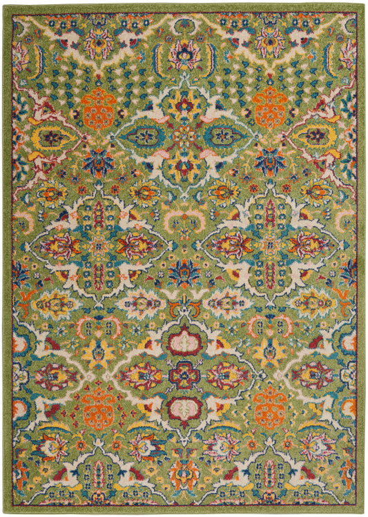 Green Bohemian area rug with a vivid multicolor floral damask pattern in blue, orange, pink and yellow; bordered.