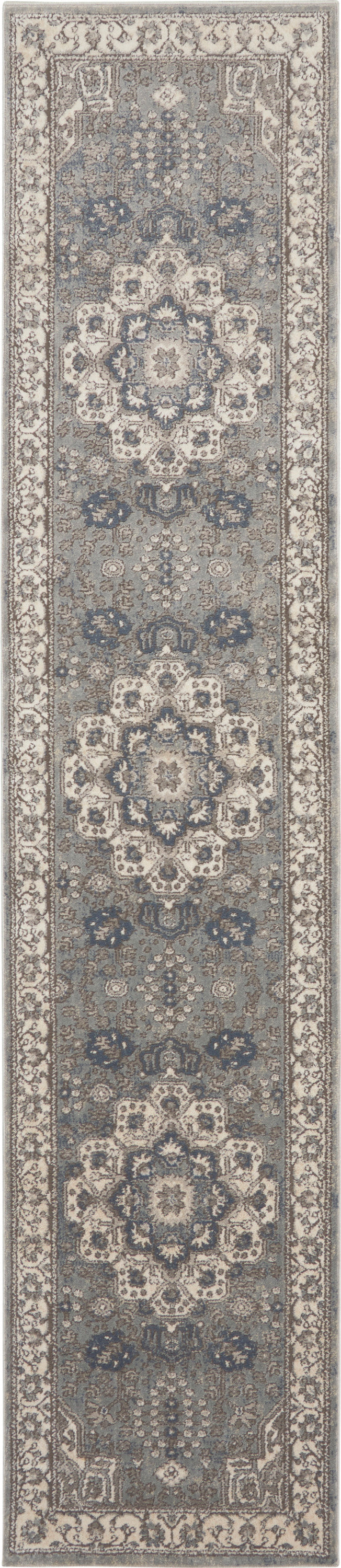 Persian-inspired runner rug in ivory, beige and blue-gray; narrow long runner with repeating medallions and ornate border.
