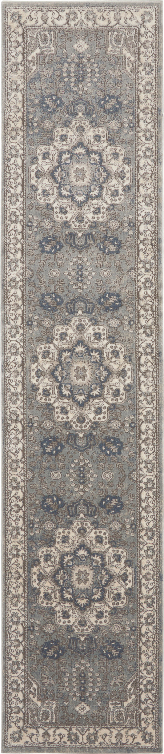 Persian-inspired runner rug in ivory, beige and blue-gray; narrow long runner with repeating medallions and ornate border.