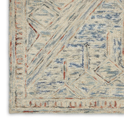 Cream and blue geometric rug with rust accents; wool, rectangular oriental-inspired design for living room.