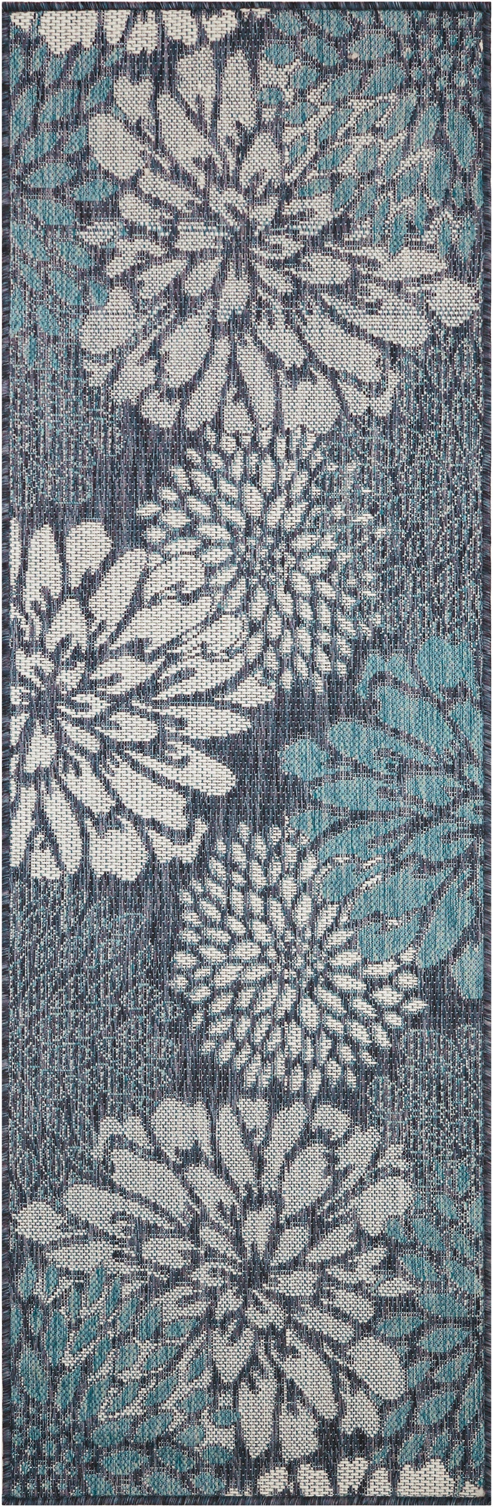 Rectangular rug runner featuring large white and teal floral blooms on a denim gray background.