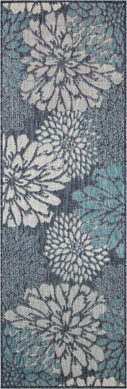 Rectangular rug runner featuring large white and teal floral blooms on a denim gray background.