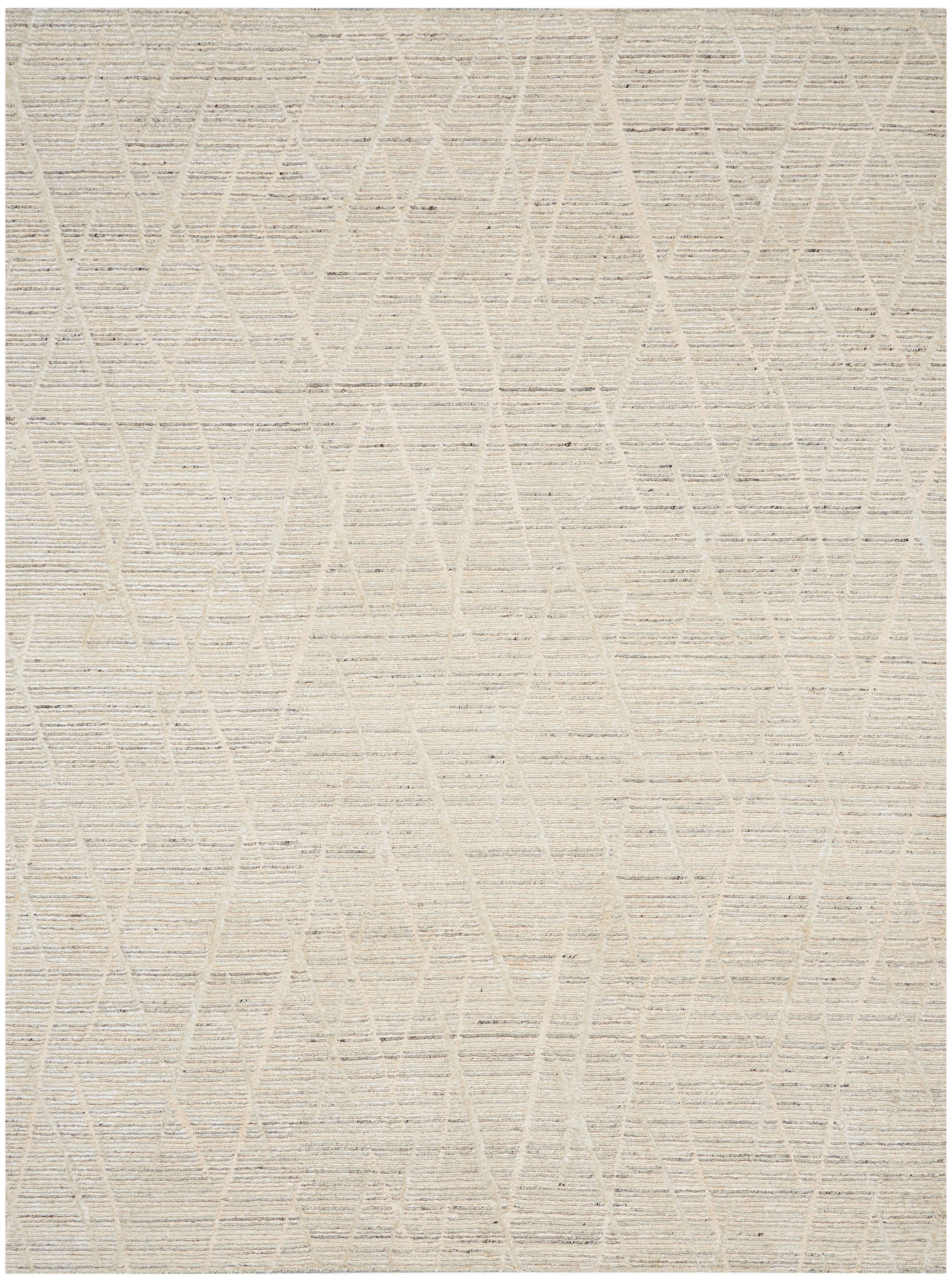 Beige woven area rug with subtle crisscross triangle lattice pattern in light tan tones, textured surface.