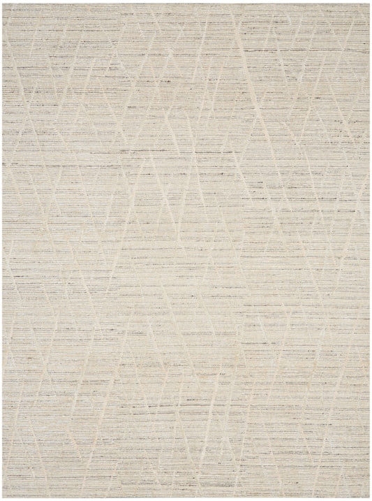 Beige woven area rug with subtle crisscross triangle lattice pattern in light tan tones, textured surface.