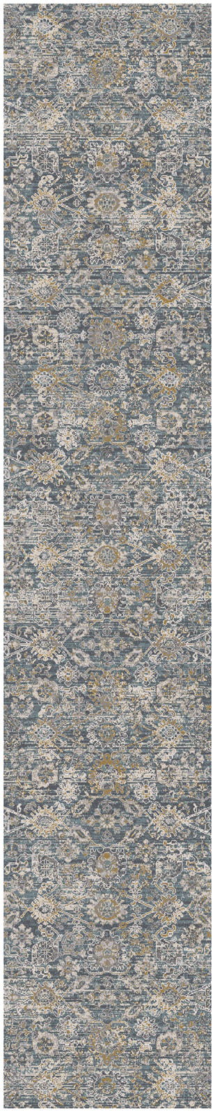 Blue-gray oriental rug runner with ivory and gold floral medallion motifs; distressed vintage look.
