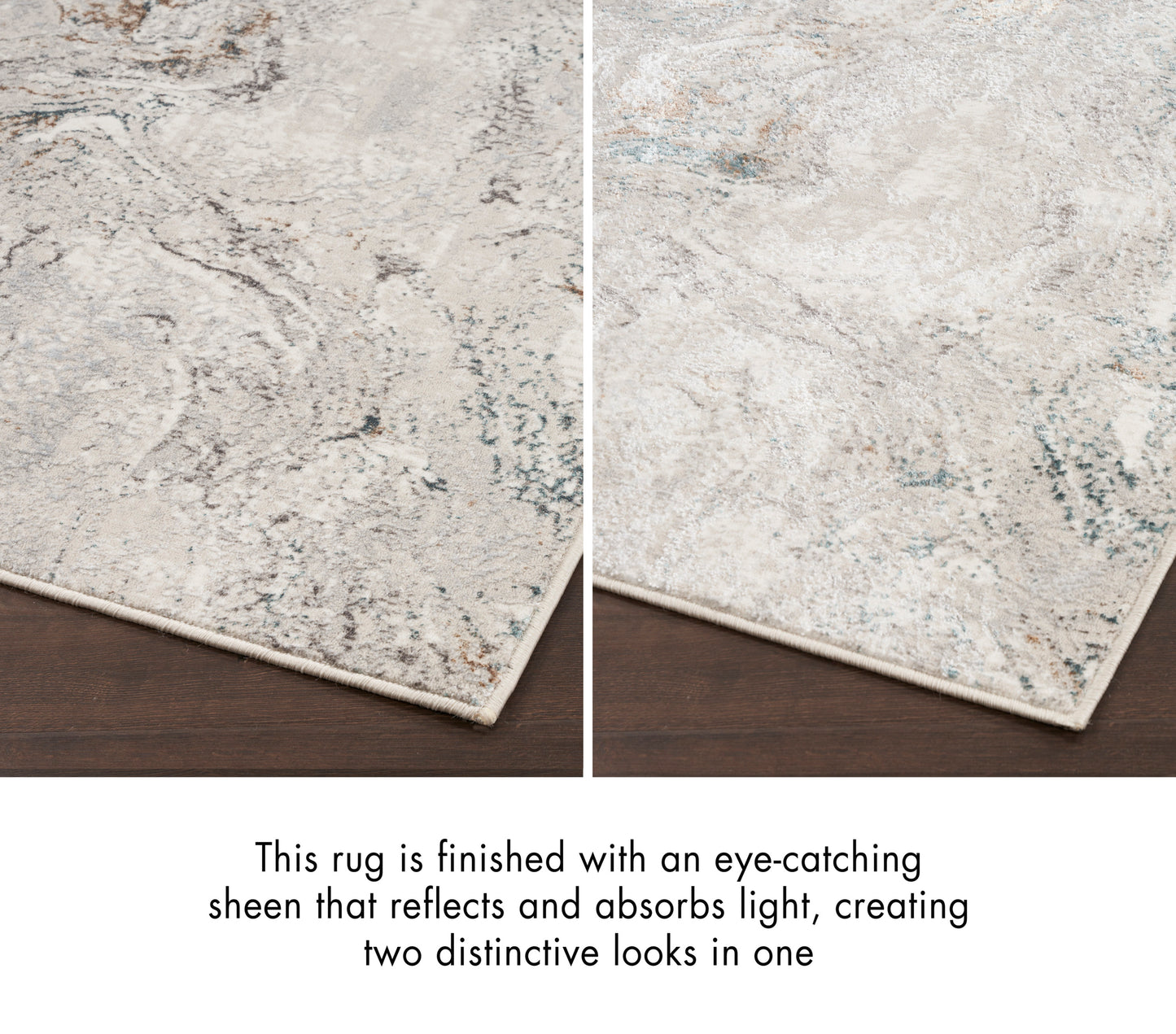 Two-tone beige and blue abstract area rug with eye-catching sheen, rectangular on dark wood floor.