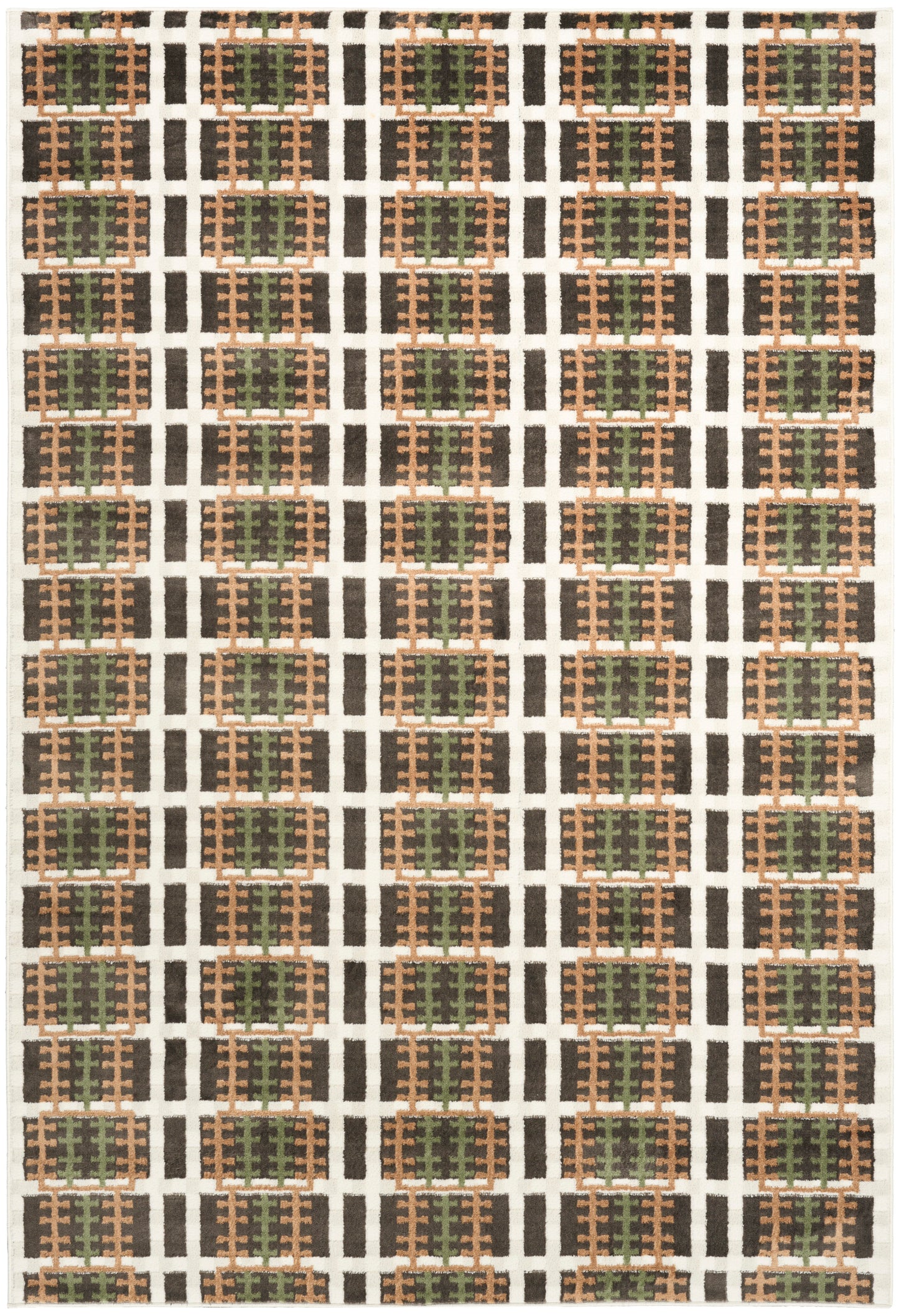 Geometric area rug with white grid pattern, tan lattice blocks and olive-green centers; modern woven style.