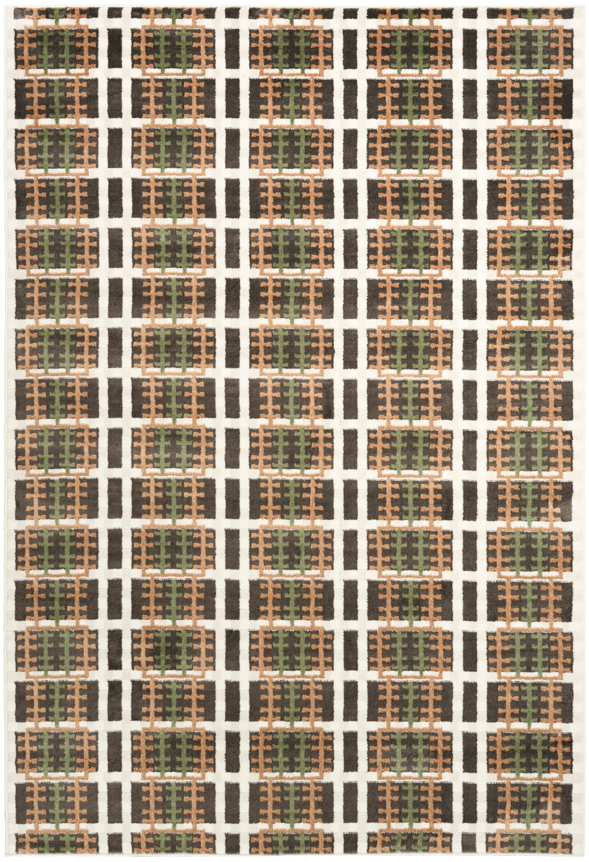 Geometric area rug with white grid pattern, tan lattice blocks and olive-green centers; modern woven style.