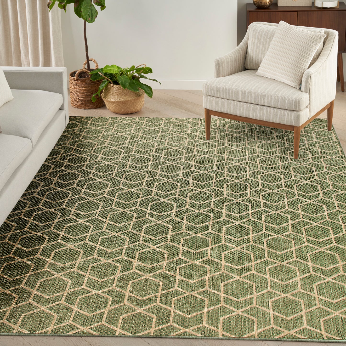 Living room with a green geometric cube-pattern rug, beige striped armchair, light sofa, and woven baskets with plants.