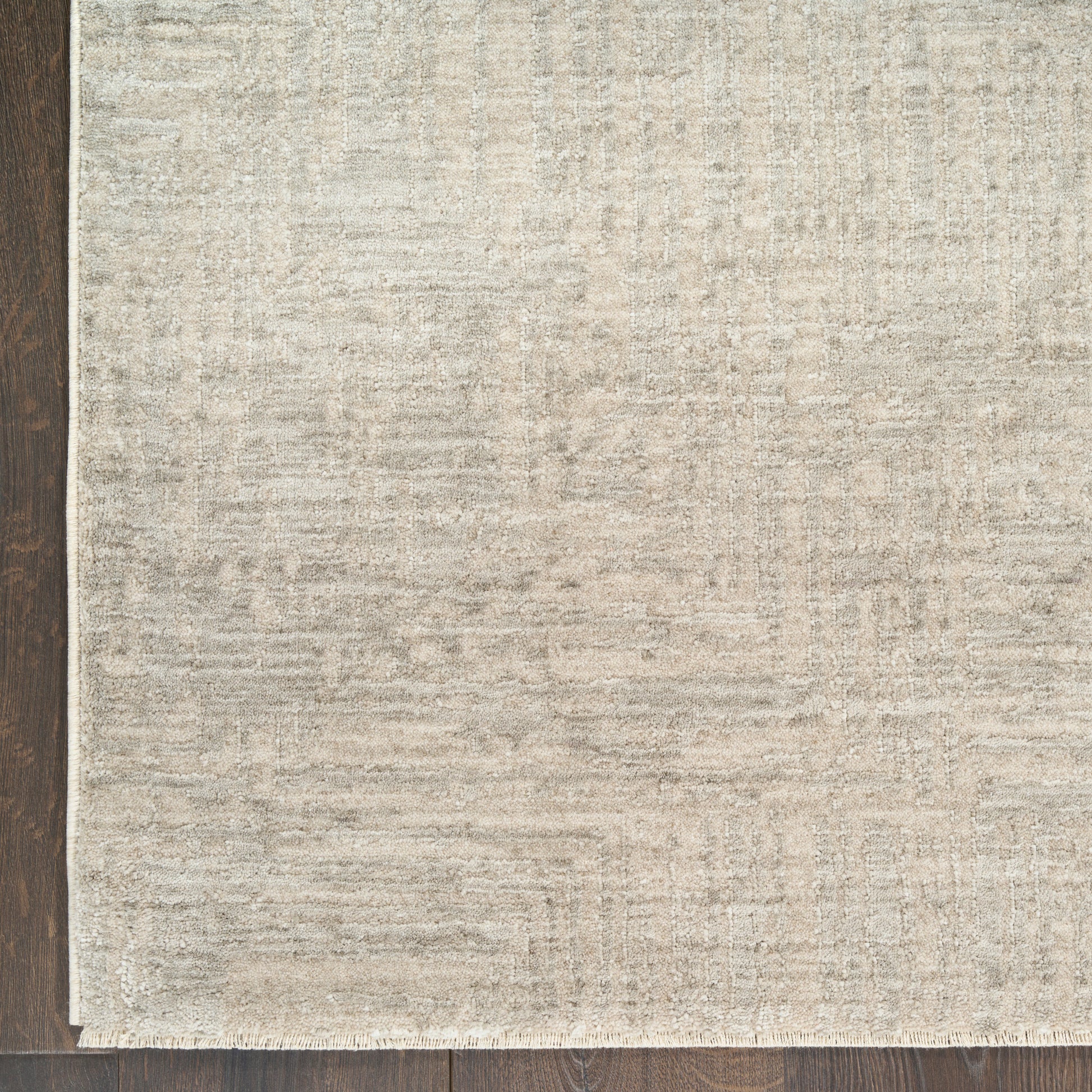 Rectangular beige textured area rug with subtle pattern over dark wood floor; modern flat-weave, versatile for living spaces.