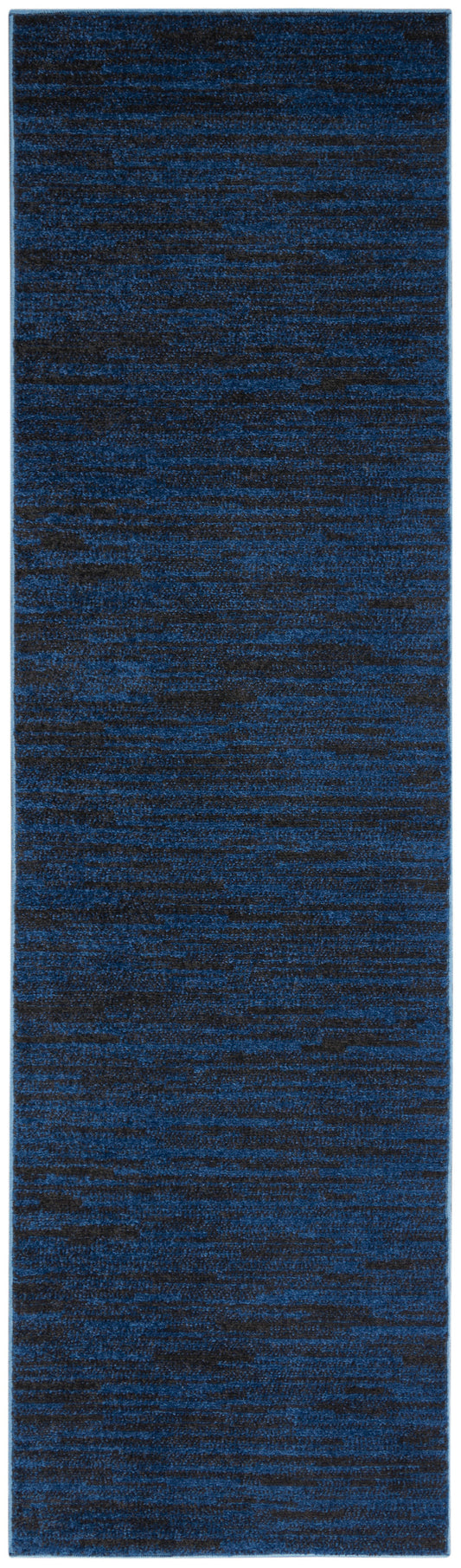 Rectangular navy blue and black mottled woven rug runner with textured pile.